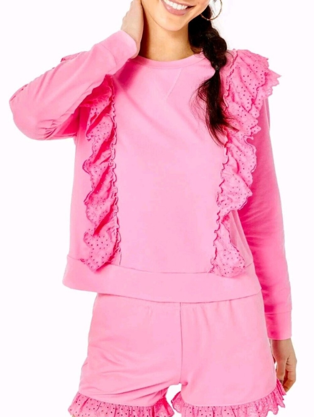 Lilly Pulitzer Deva Ruffle Eyelet Crewneck Pullover Pink Shandy Medium - Picture 12 of 12
